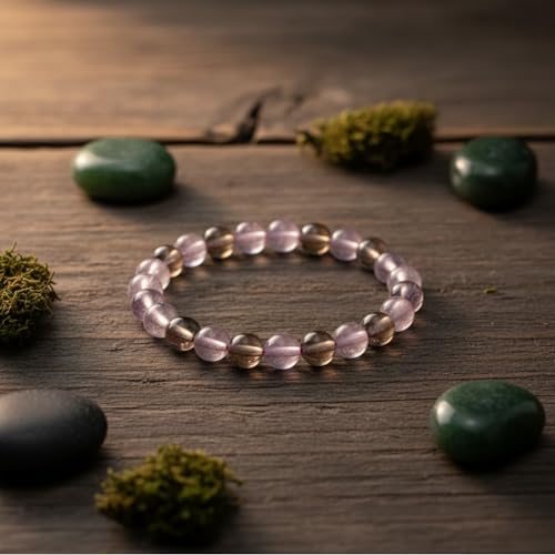 The Alchemist's Arcanum Adjustable Beaded Wrist Accessory for Men and Women, Stretch Fit Stone Bead Jewelry for Daily Wear and Gifting - color: Amethyst & Smoky Quartz