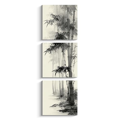 NAN Wind 3PCS Vertical Black and White Bamboo Wall Art Asian Ink Painting Style Canvas Print Traditional Chinese Zen Minimalist Artwork Oriental Nature Forest Decor for Living Room Bedroom Meditation - color: Black and White Bamboo, size: 12x12 inches (3