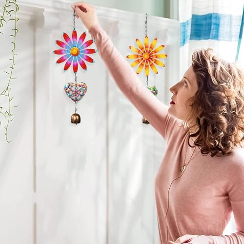 Metal Flowers Hanging Decor, Flower Wind Chime Bell Hanging Decor for Outdoor Garden Yard Doors Walls Living Rooms Bedrooms, 2 Pack (Flower-a-Heart) - style: flower-a-heart