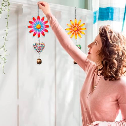 Metal Flowers Hanging Decor, Flower Wind Chime Bell Hanging Decor for Outdoor Garden Yard Doors Walls Living Rooms Bedrooms, 2 Pack (Flower-a-Heart) - style: flower-a-heart