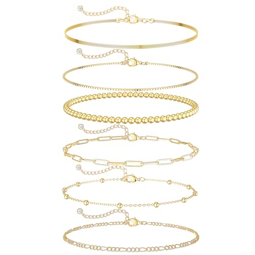 DEARMAY Gold Bracelets for Women Waterproof, 14K Gold Plated Stackable Jewelry Sets Non Tarnish Trendy Thin Dainty Cuban Link Paperclip Chain Bracelet Stack Fashion Accessories Gifts for Womens - style: 5Pcs BRACELET F