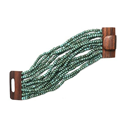 Rustic TURQUOISE Color Ethnic Beaded Bali Bracelet with Dense Hardwood Buckle Clasp 14 Elastic Strands 2mm Glass Beads in GIFT BOX