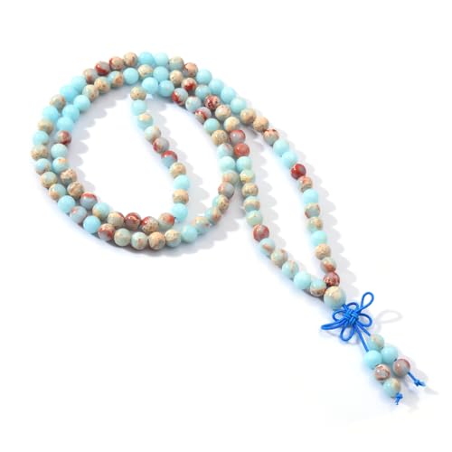 108 Mala Prayer Beads Bracelet 6mm Genuine Gemstone Healing Crystal Stone Beaded Bracelet Buddhist Tibetan Handmade Knotted Elastic Necklace for Yoga Meditation Unisex Women Men - color: Blue Imperial Jasper