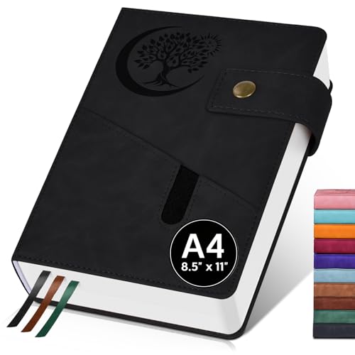 PAIBAS A4 Leather Lined Journal Notebook, 8.5"x11" 366 Pages 100GSM College Ruled Hardcover Diary with 3 Ribbon Bookmarks, Brass Snap & Front Pocket, Journals for Writing Work Travel Men Women - color: Black, size: A4 (8.5" x 11")