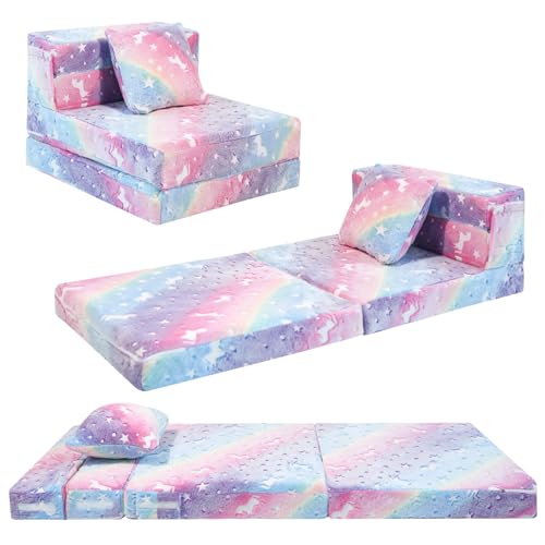 MeMoreCool Glow Rainbow Unicorn Tri-fold Sofa Bed for Kids, Foldable Futon Mattress, Chair, and Floor Couch for Playroom - color: Rainbow Unicorn