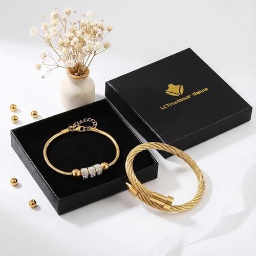 2PCS 18K Gold Plated Nail Bangle & Chain Bracelet Set for Women, Adjustable Stackable Bangle Jewelry, Dainty Gold Bracelet Gift for Women - color: Set D-zirconia