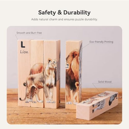 IEATFO 4 in 1 Wooden Animal Chunky Puzzle, 5 Solid Wood Puzzle Blocks with 4 Sides Realistic Safari Animals, Wooden Block Puzzle with Durable Base for Toddlers 3+ Years - Montessori Inspired - style: 4 in 1 (Safari)