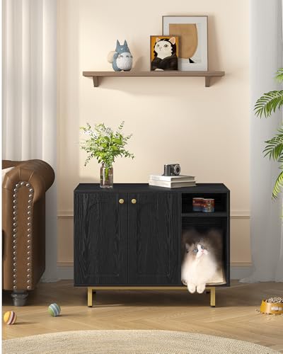 Hzuaneri Cat Litter Box Enclosure,Hidden Litter Box Furniture with Storage, Large Wooden Cabinet with Sisal Mat, Modern Cat Washroom for Living Room, Bedroom, Entryway, Black and Gold CB01504G - color: Black and Gold