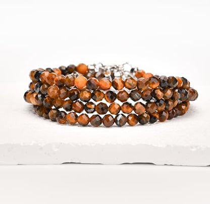Crystal Bracelet for Women, Natural 4mm Faceted Beads Adjustable Bracelet, Small Beaded Healing Gemstone Bracelet - color: Golden Tiger Eye
