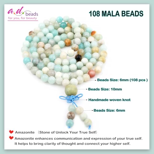 AD Beads 6mm 8mm 108 Prayer Mala Jasper Elastic Bracelet - Handmade Yoga Meditation Healing Power Energy Gifts for Unisex Adult. - color: Amazonite(True Self)