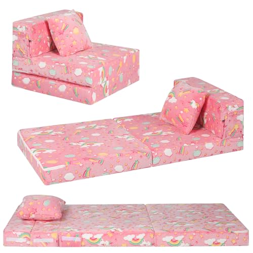 MeMoreCool Glow Tri-fold Sofa Bed for Kids, Folding Futon Mattress and Chair, Foldable Floor Couch for Playroom and Trifold Mattress for Sitting - color: Pink Rainbow