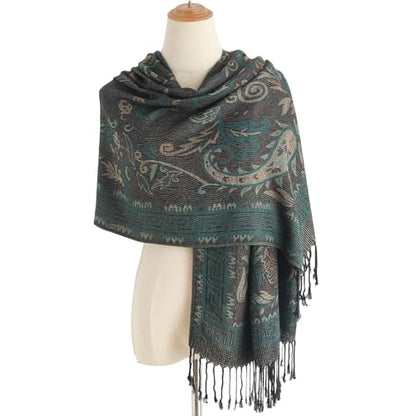 Paisley Pashmina Rave Shawl Scarf-Women's Reversible Ethnic Jacquard Pashmina Wraps for Travel - color: B#. Black Cyan