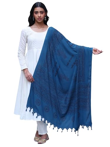 Exotic India Prayer Shawl with Printed Hare Ram Hare Krishna Mantra - PolyCotton - color: Teal