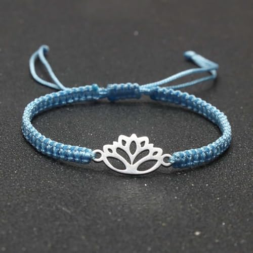 Lotus Symbol Bracelet for Women - Adjustable Cord, Silver Pendant, Spiritual Jewelry Gift - style: Sky Blue