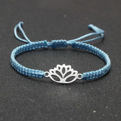 Lotus Symbol Bracelet for Women - Adjustable Cord, Silver Pendant, Spiritual Jewelry Gift - style: Sky Blue