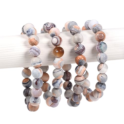 Justinstones Gem Semi Precious Gemstone 10mm Round Beads Stretch Bracelet 7 Inch Unisex - color: Matte Pink Zebra