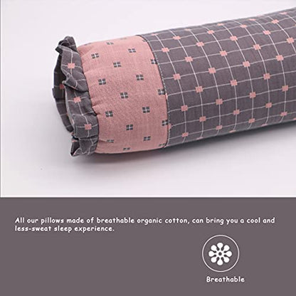 Round Neck Buckwheat Pillow, Neck Support Cervical Pillow for Side and Back Sleepers with Removable Washable Cover (16x4 inch, Grey&Pink) - color: Grey&pink