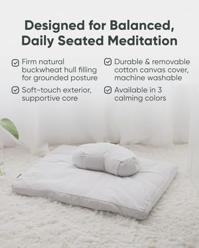 Mindful & Modern Large Meditation Cushion | Zafu Yoga Bolster Meditation Floor Pillow Seat | Buckwheat Hull Filled Crescent Shaped Cushion with Removable Washable Cover + Carry Handle | White