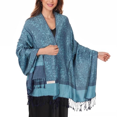 MUQU Women Pashmina Shawls and Wraps Scarf Soft Silky Reversible Paisley Scarves Shawl for Women - color: Blue-c