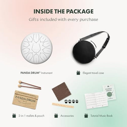 Panda Drum Plus (White) | Steel Tongue Handpan with Music Book, Mallets, Carrying Bag & Finger Picks | 11 inch, 432 Hz | Rain Drum for Inside & Outside | Calming Musical Instrument for Adults & Kids - color: 1-White