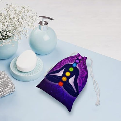Teeth Dental Seamless Pattern Double Sided Printed Canvas Drawstring Storage Bag - color: Seven Chakra Yoga Meditation Lotus Purple Man, size: 12*18cm
