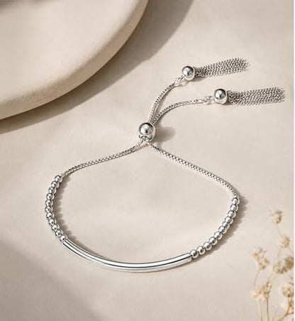 LeCalla 925 Sterling Silver Bracelets for Women | Italian Handmade Adjustable Sliding Bolo Bracelet Jewelry | Lightweight Adjustable Silver Chain Bracelet for Women | Hypoallergenic Jewelry Gifts - style: Curved Bar Beaded