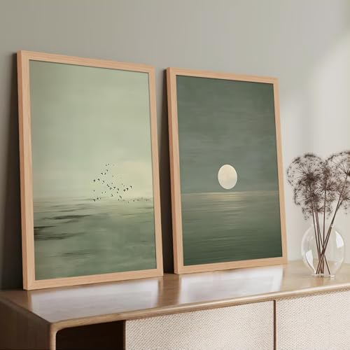 Japanese Zen Wall Art Set of 2 with Wooden Frame – Minimalist Sage Green Sunset Landscape Prints, Japandi Scandinavian Boho Painting, Framed Picture Wall Decor 12x16 Inch