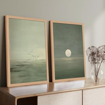 Japanese Zen Wall Art Set of 2 with Wooden Frame – Minimalist Sage Green Sunset Landscape Prints, Japandi Scandinavian Boho Painting, Framed Picture Wall Decor 12x16 Inch
