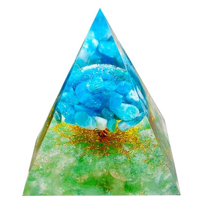 Tree of Life Orgone Pyramid,Natural Green Strawberry&Apatite Orgonite Healing Crystals Pyramid,Crystal Stone Positive Reiki Energy Generator Collection Wealth Lucky Meditation Tool(6cm) - color: Blue Green