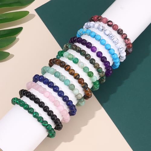 FIRAZIO 12PCS 6mm 8mm Gemstone Beaded Bracelets for Women Semi-Precious Natural Crystal Bracelets Round Beads Gemstones Stretch Bracelet Jewelry Gift - style: 8MM