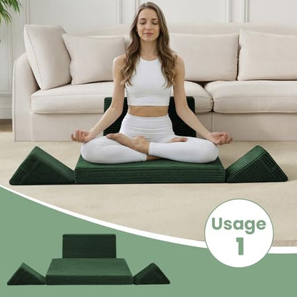 Meditation Cushion Set, Meditation Pillow for Sitting on Floor, Large Yoga Pillow with Knee Support, Washable Zafu Meditation Mat, 3 Shapes Floor Pillow for Adults, Green