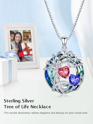 TOUPOP s925 Sterling Silver Family Celtic Tree of Life Pendant Necklaces with 2 Heart Birthstone with Blue Austrian Crystal Jewelry Birthday Valentines Day Gifts for Her, Anniversary Christmas Gifts for Wife Girlfriend Mom (18K Real White Gold Filled) - c