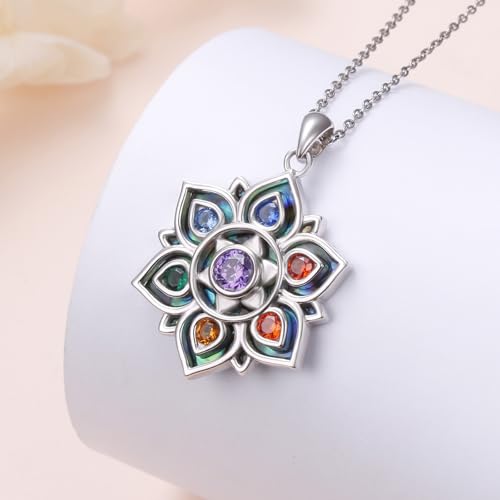 FLYOW 7 Chakra Necklace 925 Sterling Silver Lotus Flower Rainbow Stones Yoga Energy Balance Pendant Spiritual Healing Jewelry Birthday Gifts for Anxiety Stress Relief Balancing Meditation