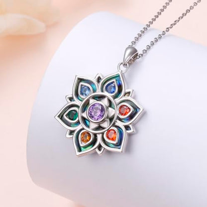 FLYOW 7 Chakra Necklace 925 Sterling Silver Lotus Flower Rainbow Stones Yoga Energy Balance Pendant Spiritual Healing Jewelry Birthday Gifts for Anxiety Stress Relief Balancing Meditation