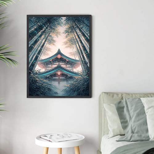 Framed Zen Bamboo Temple Poster Canvas Print Art Rustic Minimalist Aesthetic Wall Art Painting Pictures Wall Decor Exquisite Home Decor for Living Room Bedroom Office (Black,12"x16"inch)
