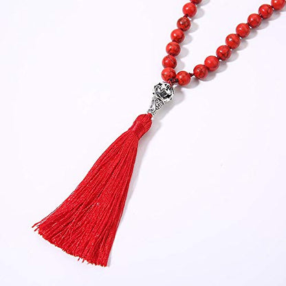 108 Mala Beads Necklace Semi-Precious Gem Stones Meditation Necklace 108 Hand Knotted Japa Mala Beaded Tassel Necklace with Tree of Life Pendant - color: Red Turquoise