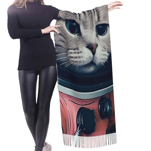 Astronaut Sitting in Yoga Chakra Scarf for Women Warm Soft Scarves Fashion Fringed Shawl Casual Tassel Blanket Scarf - color: Astronaut Cat Fish