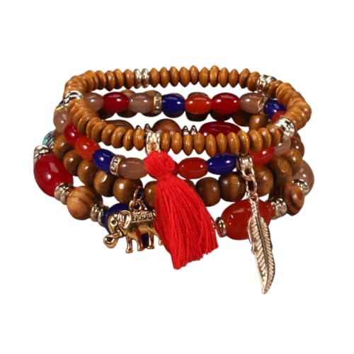 Caiyao 4Pcs Bohemia Multilayer Stackable Elephant Leaf Tassel Bracelets Colorful Wooden Resin Beaded Stretch Bracelets for Women Men Summer Beach Boho Vacation Hawaii Jewelry Gifts - style: StyleB