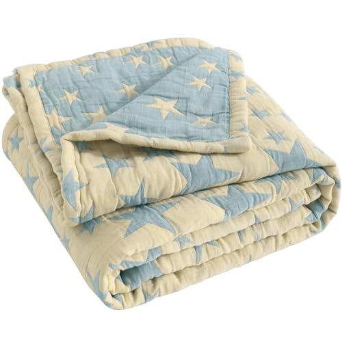 NTBAY 3 Layer Toddler Blanket, Muslin Cotton Jacquard Bed Blankets, Lightweight Thermal Baby Blanket, Super Soft and Warm Crib Blanket for All Seasons, Decoration Gift, 45"x60", Blue and Yellow Star - color: Blue and Yellow Star, size: 45x60 Inch (Pack of