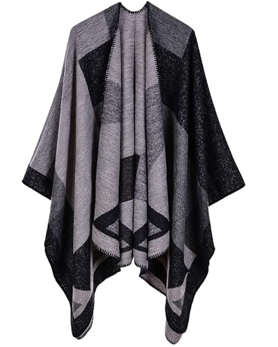Women's Shawls and Wraps Open Front Poncho Cape Winter Sweater - color: M1-black Diamond