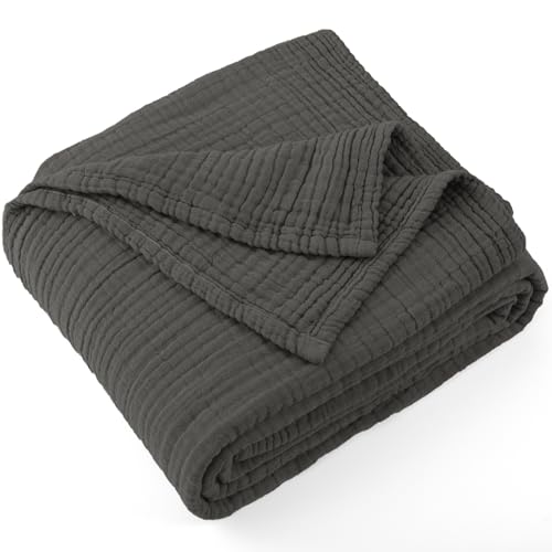 Carriediosa 100% Cotton Muslin Throw Blanket 70" X 80" Twin Size，4-Layers Summer Gauze Throws for Bed Couch，Soft Lightweight Breathable Linen Blankets Bedspread for Adults All Season，Dark Grey - color: Dark Grey, size: Twin