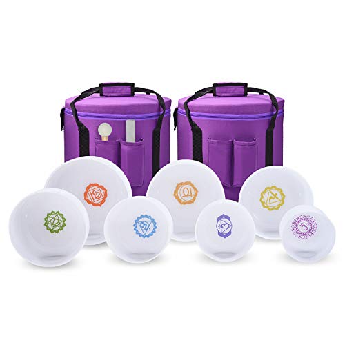 CVNC 432HZ 8-14 Inch Chakra Symbol Design Frosted Quartz Crystal Singing Bowls with 2 PCS Travel Carry Case Bag