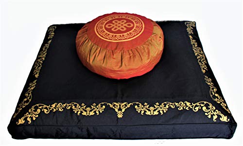 Meditation Cushion Set Round or Crescent Zafu Zabuton - Sacred Symbols - color: Eternal Knot Saffron on Black Zabuton