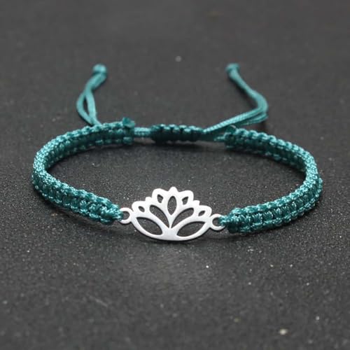 Lotus Symbol Bracelet for Women - Adjustable Cord, Silver Pendant, Spiritual Jewelry Gift - style: Turquoise