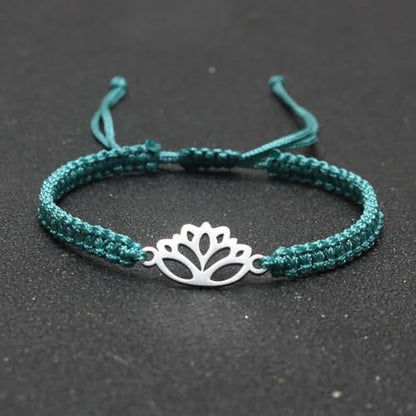 Lotus Symbol Bracelet for Women - Adjustable Cord, Silver Pendant, Spiritual Jewelry Gift - style: Turquoise
