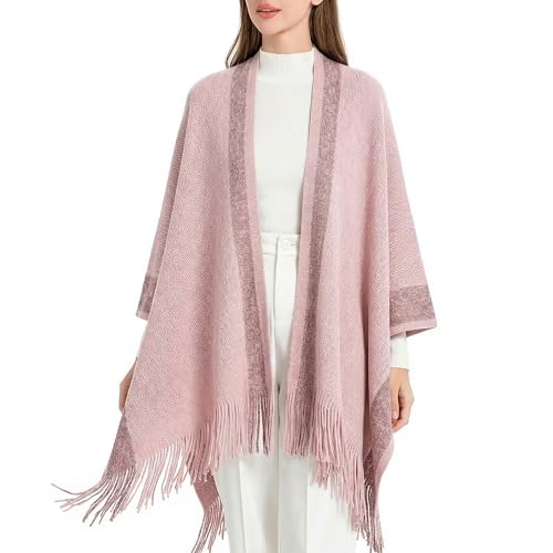 ZLYC Women's Shawl Golden Trim Knit Blanket Wrap Fringe Poncho Coat Cardigan - color: Pink
