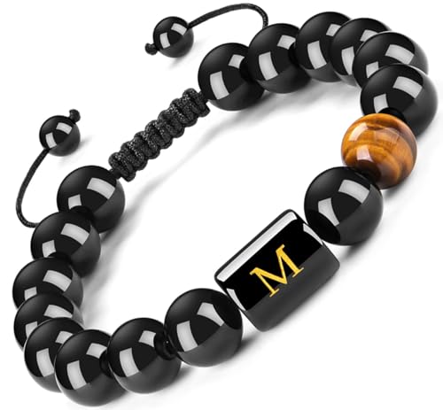 FRG Initials Bracelets for Men Letter Link Handmade Natural Black Onyx Tiger Eye Stone Beads Braided Rope Meaningful Bracelet - style: Braided rope-M