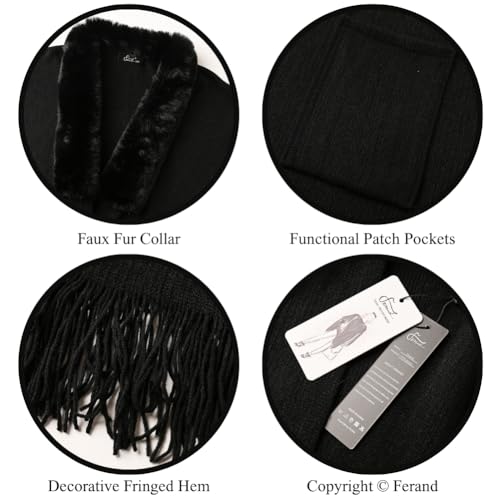 Ferand Shawl Wraps for Women, Cozy Lightweight Poncho Cape with Pockets, Warm for Fall Winter Travel - color: Black With Faux Fur Collar