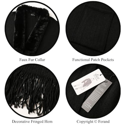 Ferand Shawl Wraps for Women, Cozy Lightweight Poncho Cape with Pockets, Warm for Fall Winter Travel - color: Black With Faux Fur Collar