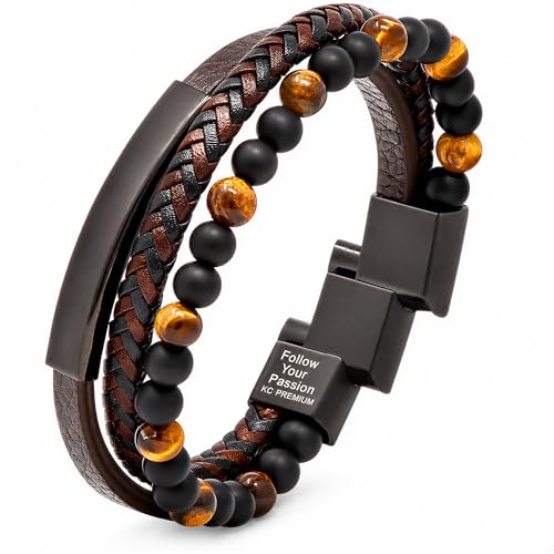 Premium Men’s Bracelet | Leather Bracelet for Men | Beaded Bracelets Black Onyx & Tiger-Eye Beads | Brown Leather Jewelry with Adjustable Stainless-Steel Clasp | Gift Dad Husband Son Boyfriend - color: Brown/Black